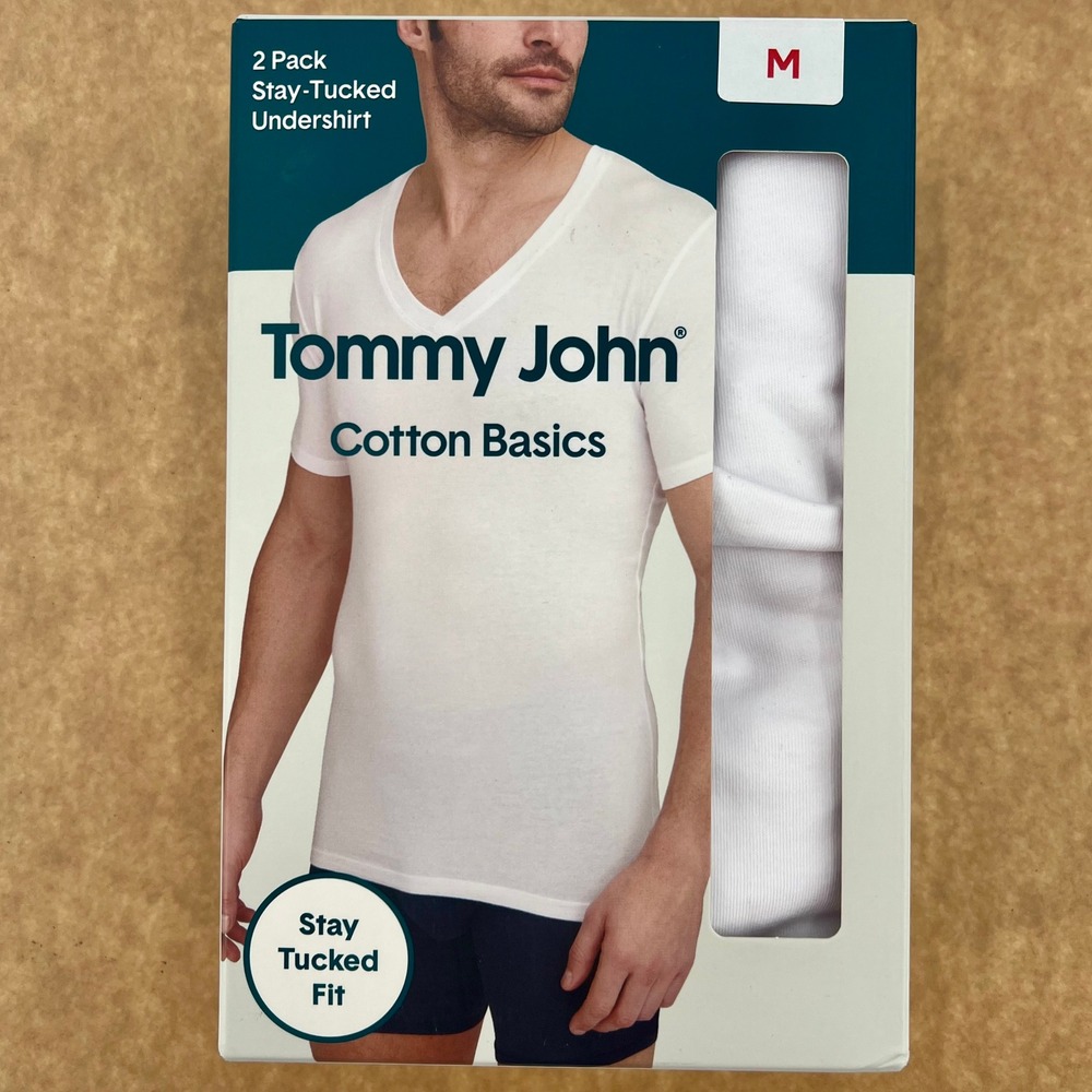 NEW TOMMY JOHN Cotton Undershirt Men's MEDIUM Deep V Neck Stay Tucked White 2-PK